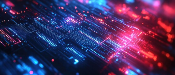 Fototapeta premium A vibrant, abstract representation of a digital circuit board with glowing elements.
