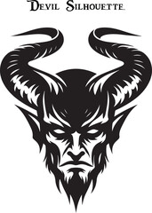 Black and white horned devil head silhouette. A dark, menacing shadow of a devil, evoking fear with glowing eyes and sharp, ominous features.