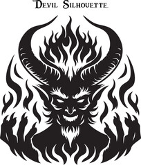 Black and white horned devil head silhouette. A dark, menacing shadow of a devil, evoking fear with glowing eyes and sharp, ominous features.