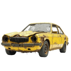Old rusty yellow car with damaged front on transparent background