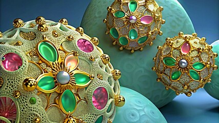 3D colorful Jewelry art forms with golden patterns background texture