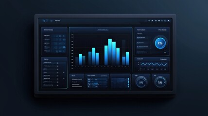 Data analytics concept. A sleek, modern dashboard display featuring blue graphs, stats, and analytics for data visualization and performance monitoring.