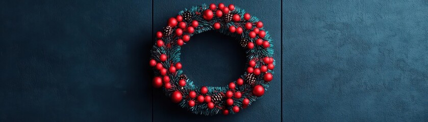 Metallic holiday wreath with neon lights and LED ornaments, glowing on a futuristic glass door, Neon metallic wreath with LED ornaments on glass door, Bright and festive