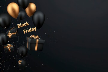golden gift box with gold balloons on dark background