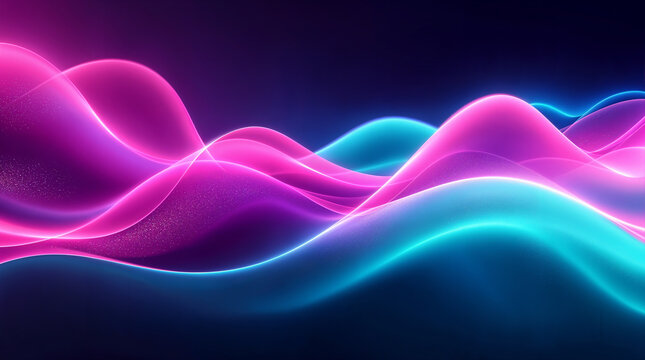 Luminous flowing shapes. Bright gradients in pink and turquoise. Soft curves merging into abstract designs. Horizontal template color gradient, rough retro vibe shine bright light