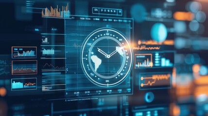 Data analytics concept. A futuristic digital interface displaying various data graphs, a clock, and global maps, emphasizing analytics and real-time information processing.
