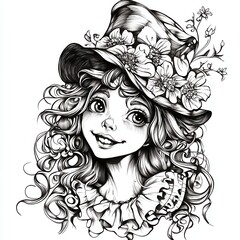 Clown girl with curly hair wearing a big, colorful hat with flowers on it, and a joyful expression. The design is in black and white, with strong outlines