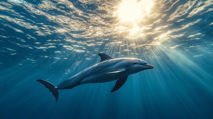 Naklejka premium A dolphin is swimming in the ocean with the sun shining on it