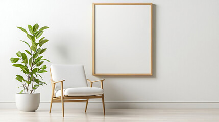 Modern minimalist chair with plant and empty frame on wall