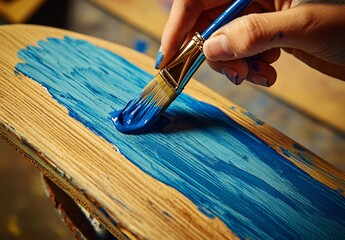 Close-up Hand Painting Blue Skateboard Deck