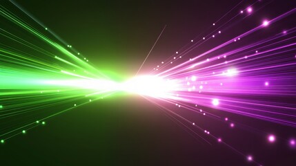 Obraz premium Abstract background with green and purple light streaks and white glowing center on a dark background.