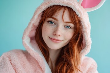Obraz premium Young woman in pink bunny outfit smiles warmly against a light blue background during a cozy indoor moment