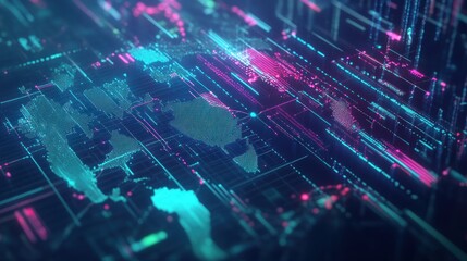 Obraz premium Abstract digital representation of a world map with vibrant colors and data patterns.