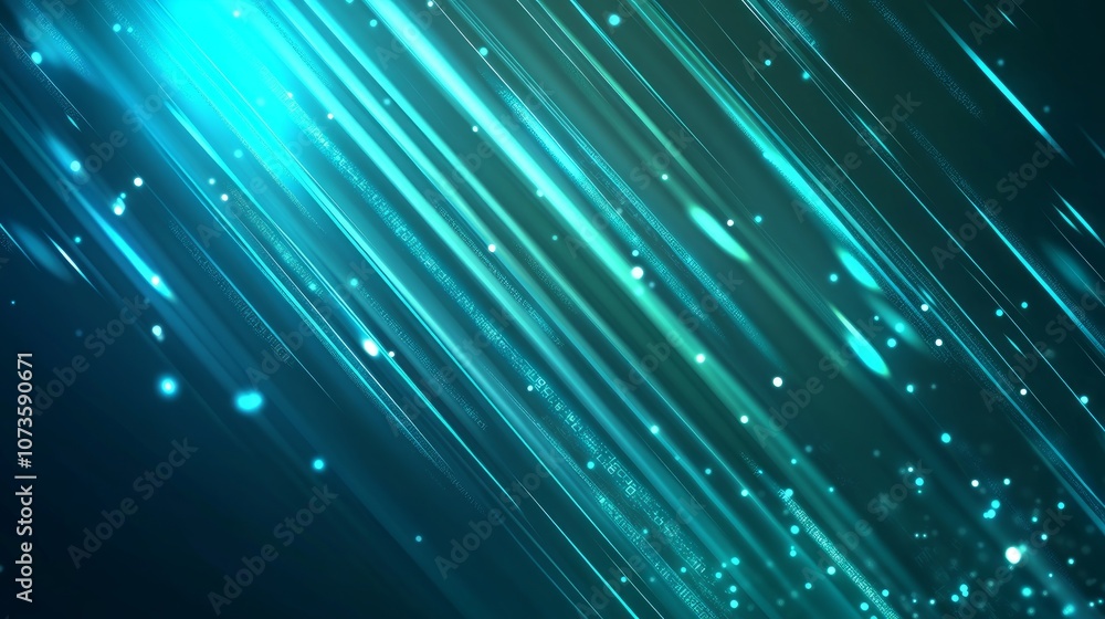 Aufkleber abstract background with teal blue diagonal lines and glowing particles.
