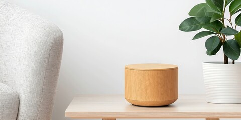 Stylish home decor featuring a wooden container and indoor plant on a modern table.