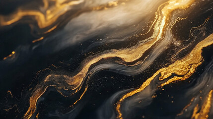 High-contrast black and gold marble texture, dramatic veining, glossy finish, luxury material concept
