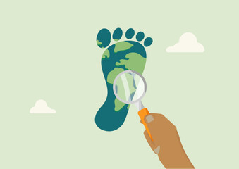 Environmental Impact Analysis Carbon Footprint Research Illustration. Hand with magnifying glass examining Earth-shaped footprint. Environmental impact vector. Carbon footprint. Vector illustration