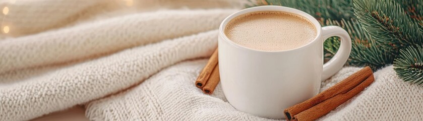 Warm, infused chai latte in a rich ceramic mug, surrounded by soft cinnamon sticks and cozy fabrics, Chai latte with cinnamon and cozy fabrics, Comforting and warm