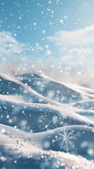 A snowy mountain with snowflakes falling from the sky