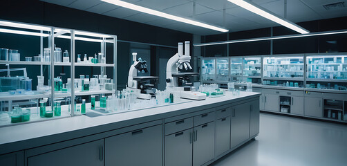 Fototapeta premium Advanced Laboratory Workspace with Microscopes and Shelved Specimens