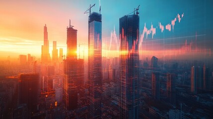 Cityscape with Skyscrapers and Stock Market Graph at Sunset