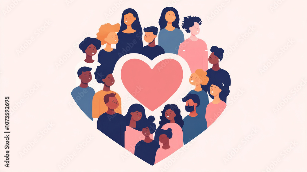Poster diverse community icons forming heart symbol representing acceptance and unity