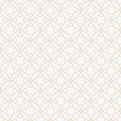 Abstract golden vector geometric seamless pattern in gothic style. Luxury white and gold ornament with curved shapes, rounded crosses, tiles. Simple background  with medieval motifs. Repeated design