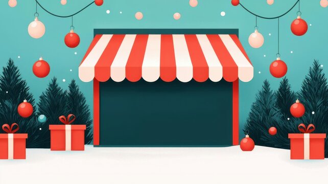 Storefront with  Holiday Bargain Bonanza  banner, decorated with holiday lights and ornaments, Storefront with holiday bargain bonanza banner, Inviting and festive