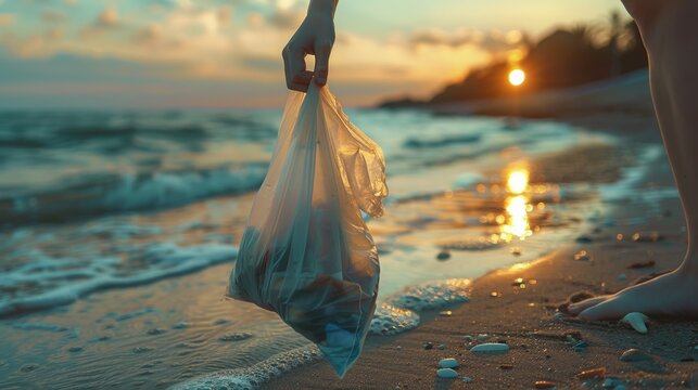 Person holding plastic bag on beach
