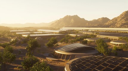 Futuristic Desert Agriculture: Advanced Solar Irrigation Systems Nurturing Vibrant Crops in Arid Landscape
