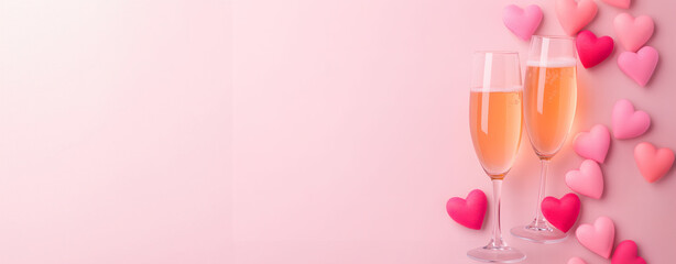 Horizontal image of a two glasses of champagne with heart on light pink background. Romantic and love concept. Valentines day background for design greeting card, banner with copy space