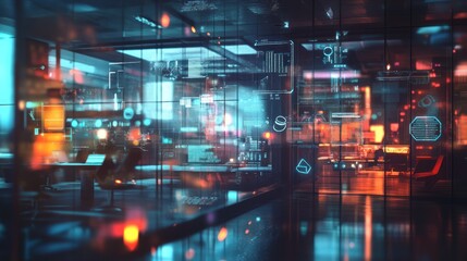 Futuristic office space with glowing interfaces and digital elements.