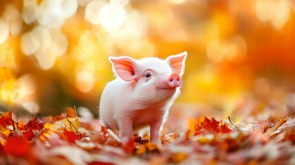 horizontal image, cute piglet on a fall background. farm animal welfare concept. For vegan, banner, design, LinkedIn, social media, blog, youtube, cover, etsy, thumbnail, wallpaper	