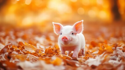 horizontal image, cute piglet on a fall background. farm animal welfare concept. For vegan, banner, design, LinkedIn, social media, blog, youtube, cover, etsy, thumbnail, wallpaper	