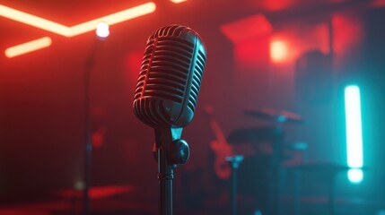 A classic microphone stands ready in a dimly lit room, ready to capture the sounds of a performance.