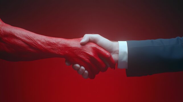 the devil and the businessman shake hands. Capitalism concept. For banner, design, social media, youtube, cover, thumbnail, blog