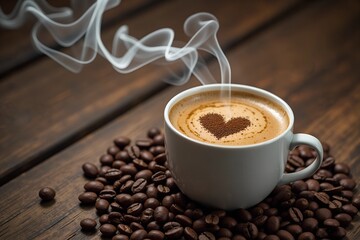 Obraz premium Coffee Cup with Heart-Shaped Latte Art on Wooden Table