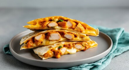 Chicken Quesadilla with Melted Cheese on a Gray Plate