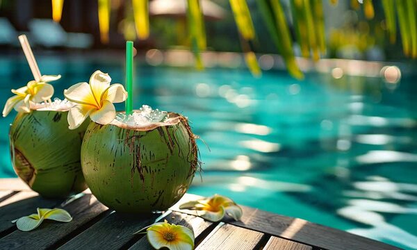 Refreshing coconut drinks by a serene poolside with tropical flowers.