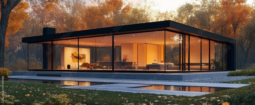 Aufkleber modern house with large windows overlooking a pond in a fall forest.