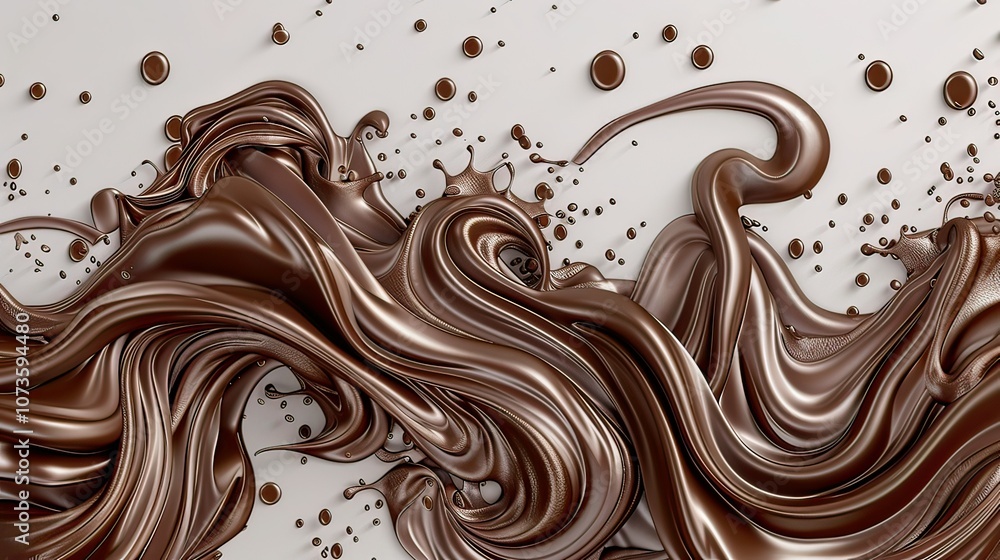 Poster 3d chocolate flow with intricate swirls and drops on a transparent background.