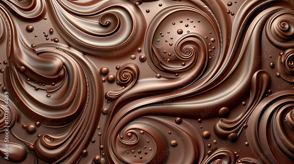 Poster 3d chocolate flow with intricate swirls and drops on a transparent background.