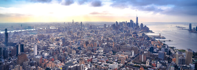 New York City skyline aerial panoramic sunset view