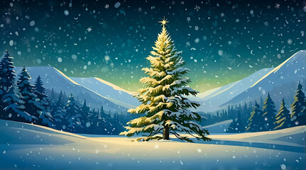 Fototapeta premium Snowy Christmas Tree in Tranquil Winter Landscape with Falling Snowflakes - Festive Holiday Scene in Mountainous Forest