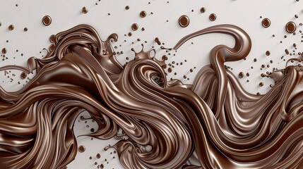 3D chocolate flow with intricate swirls and drops on a transparent background.