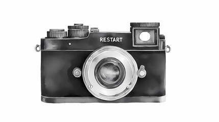 Classic film camera illustration with vintage design and RESTART text