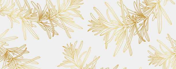 Luxury gold Rosemary background. Organic herbal pattern tropical in line art style for cooking, invitation, wall art, wallpaper and print. Vector illustration