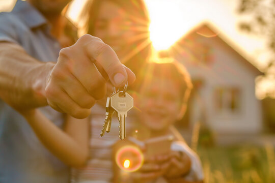 Hand holding keys to a new home. Happy family standing in front of their new house. Concept of purchase and sale of real estate.