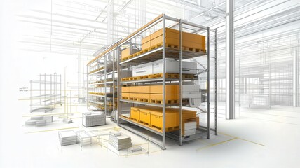 Warehouse scheduling management concept. A modern warehouse interior featuring tall shelving units with orange containers, showcasing a clean, organized storage space.