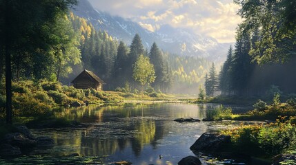 Fototapeta premium A tranquil cabin nestled amidst a lush forest beside a serene lake with majestic mountains in the background.